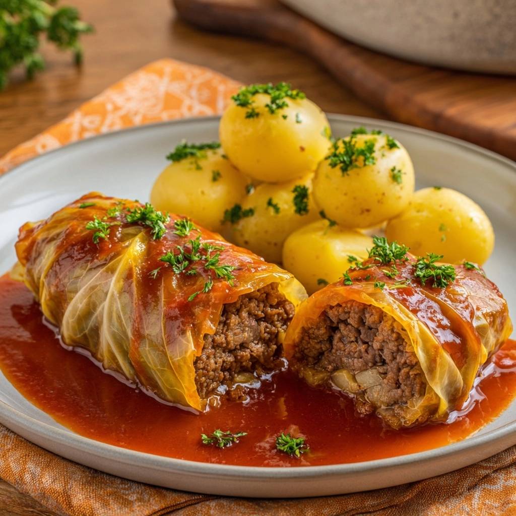 Saftige Kohlrouladen Mit Hackfuellung Querschnitt 1 Saftige Kohlrouladen mit Hackfüllung in Nahaufnahme, mit einem Anschnitt, der die saftige Hackfleischfüllung zeigt und mit Petersilie garniert ist.