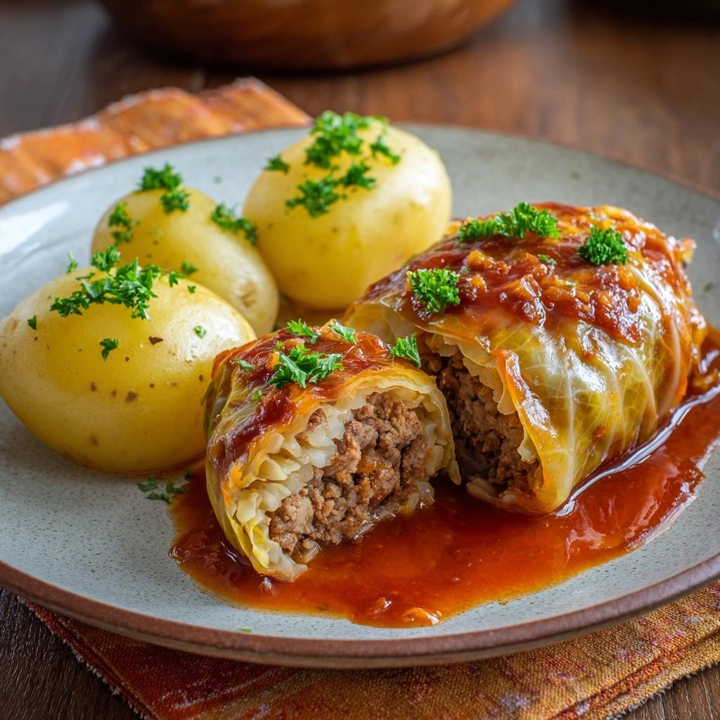 Saftige Kohlrouladen mit Hackfüllung im Nahaufnahme mit einer angeschnittenen Rolle, die die saftige Hackfleischfüllung und den Reis zeigt.