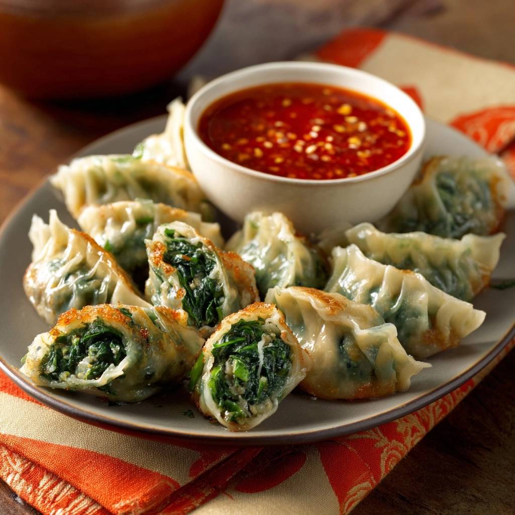 Saftige Spinat-Dumplings in Nahaufnahme, mit einem Blick auf die dampfende, grüne Füllung, serviert mit einer würzigen Chili-Soße.
