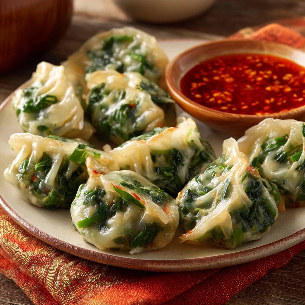 Saftige Spinat-Dumplings, serviert auf einem Teller mit einer würzigen Chili-Soße. Die transparenten Teigtaschen sind mit frischem Spinat gefüllt.