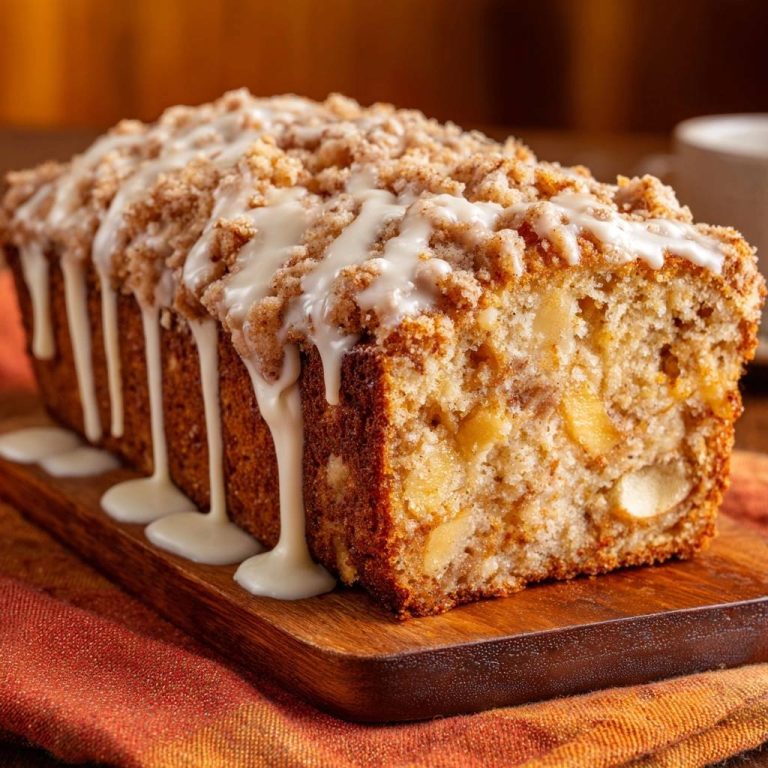 Saftiger Apfel-Streuselkuchen in Nahaufnahme, mit herrlich dicker Glasur, die an den Seiten des Kuchens herunterläuft. Der perfekte Kuchen für den Herbst.