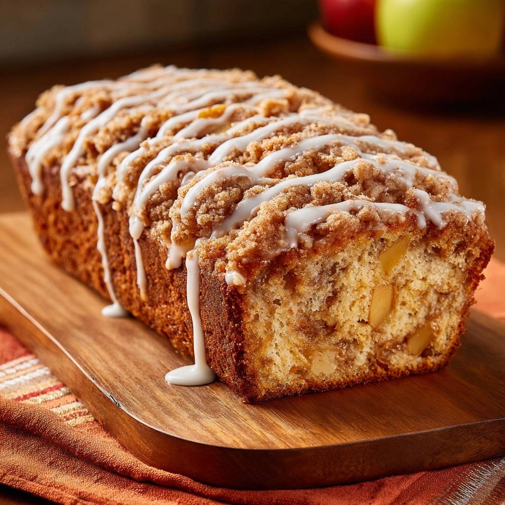 Saftiger Apfel Streuselkuchen Querschnitt 1 2 Saftiger Apfel-Streuselkuchen mit Streuseln und Zuckerguss, ein Anschnitt zeigt die saftige Apfelfüllung und Krume.