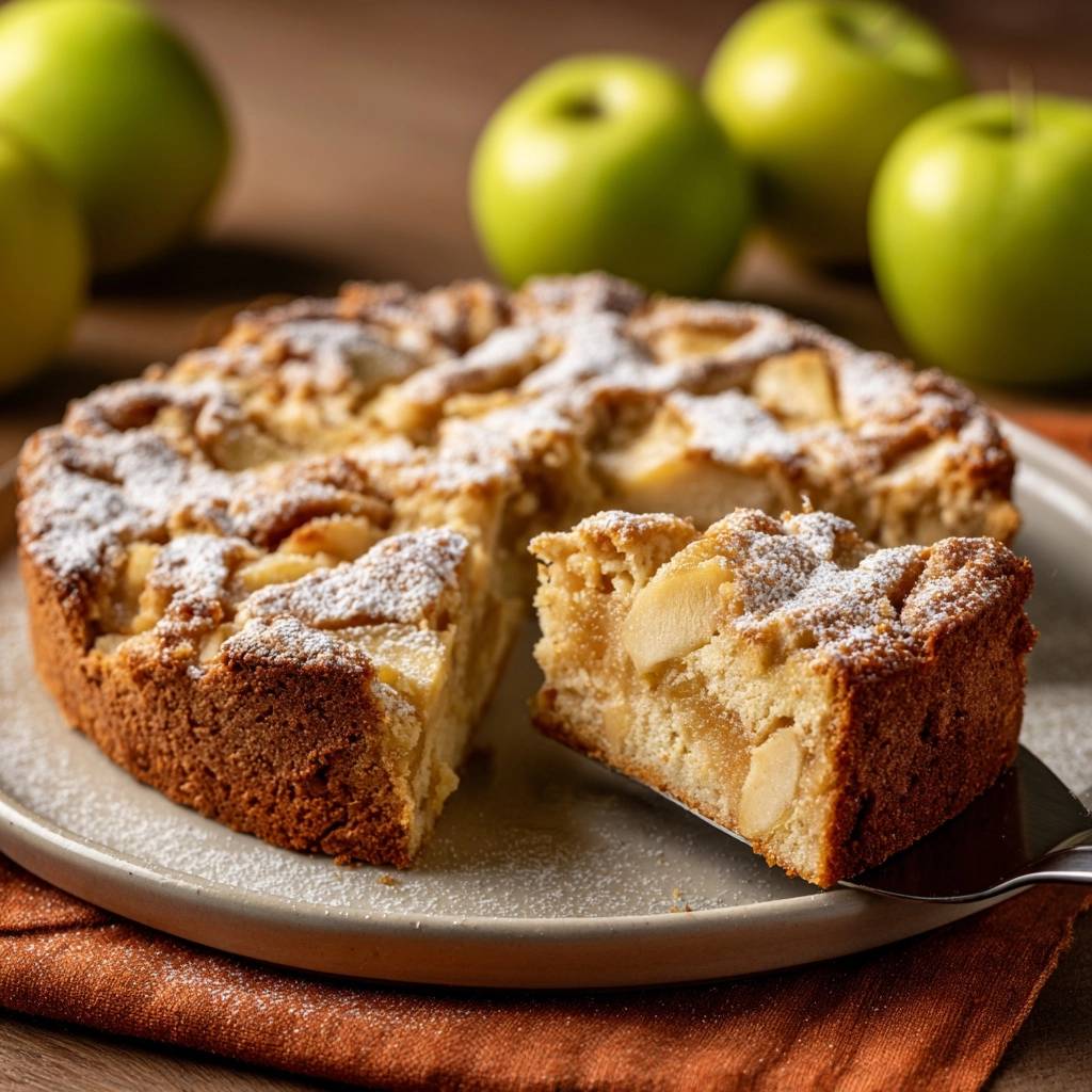 Saftiger Apfelkuchen mit Apfelstücken und Puderzucker, ein Stück serviert, zeigt die saftige Innenansicht des Kuchens.