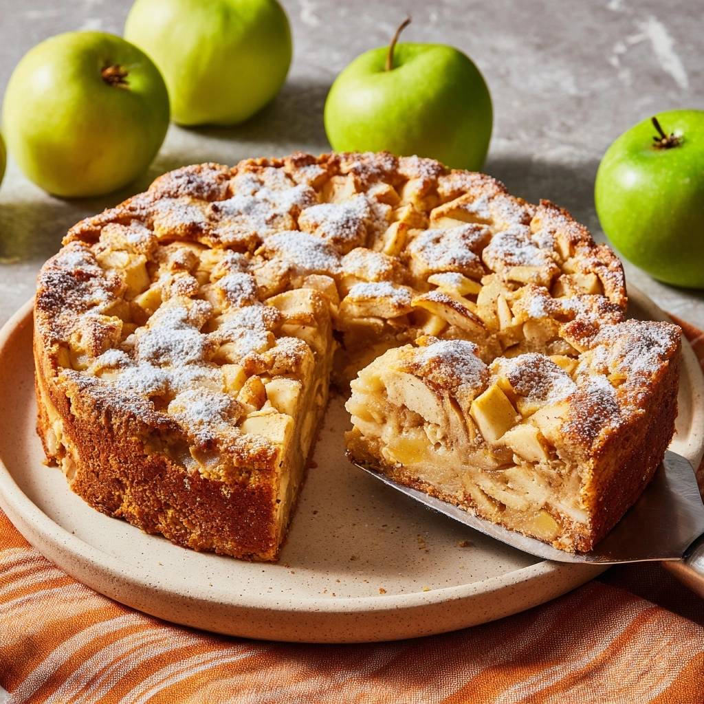 Saftiger Apfelkuchen mit einer herausgeschnittenen Scheibe, die die saftige Füllung und den knusprigen Teig zeigt, serviert auf einem Teller.