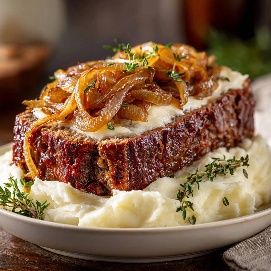 Saftiger Hackbraten Mit Karamellisierten Zwiebeln Serviert 1 Saftiger Hackbraten mit karamellisierten Zwiebeln serviert auf cremigen Kartoffelpüree, garniert mit frischen Kräutern, ein herzhaftes Gericht.
