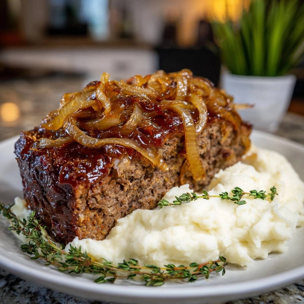 Saftiger Hackbraten mit karamellisierten Zwiebeln serviert auf einem Teller mit cremigen Kartoffelpüree und frischen Kräutern.