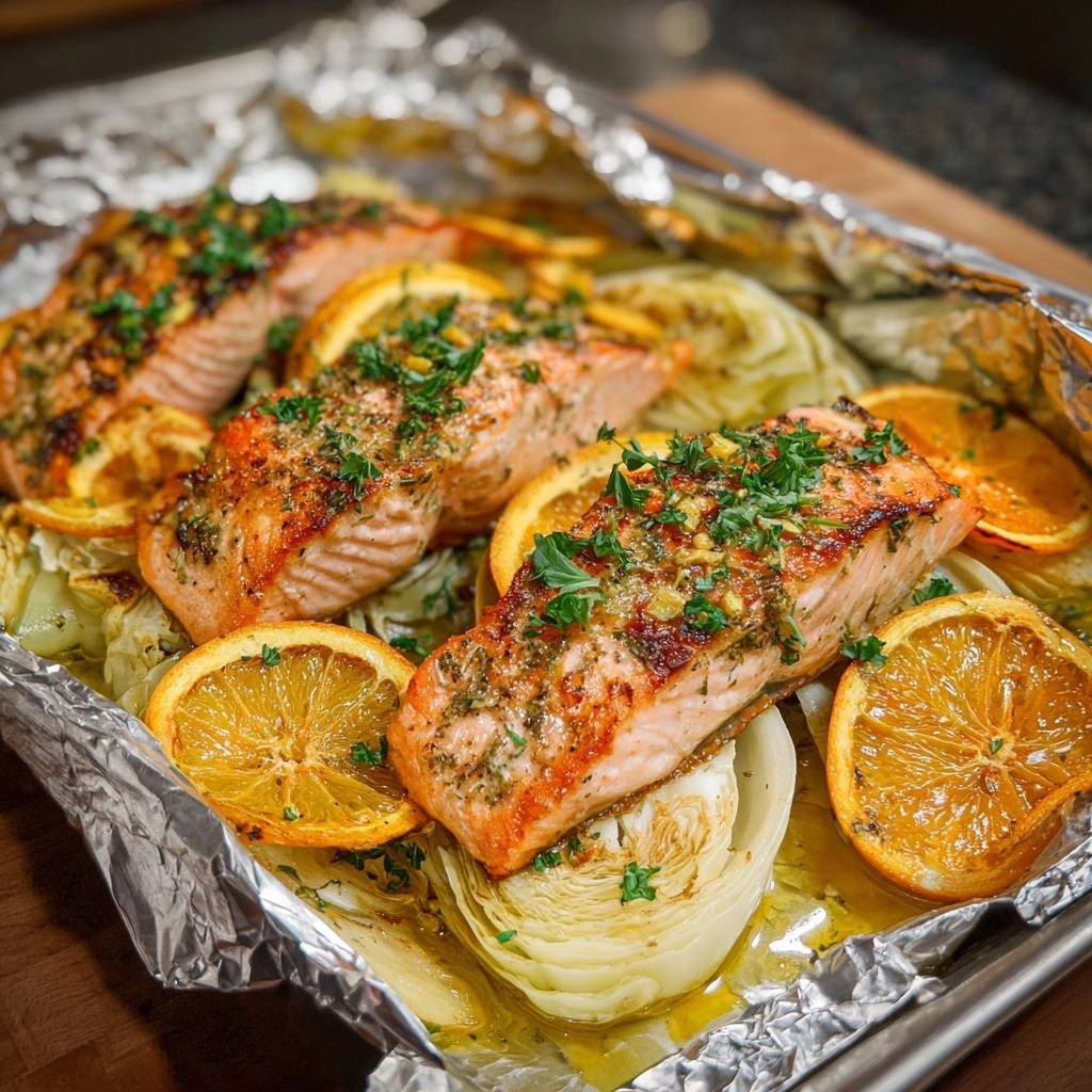 Saftiger Orangen Fenchel Lachs Aus Dem Ofen Draufsicht 1 Saftiger Orangen-Fenchel-Lachs aus dem Ofen in einer Auflaufform, mit gebratenen Orangenscheiben und Kräutern garniert, von oben fotografiert.