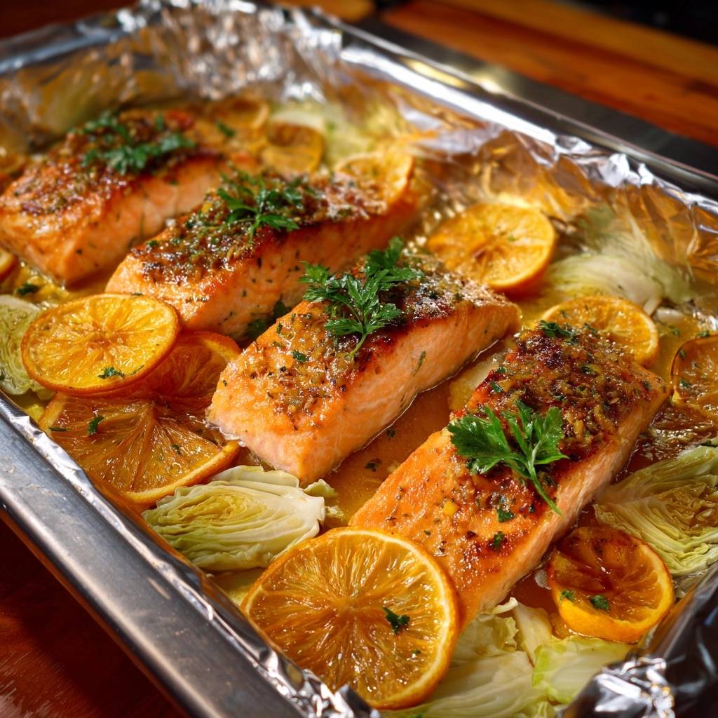 Saftiger Orangen-Fenchel-Lachs aus dem Ofen in einer Auflaufform, serviert mit Orangen und Fenchel, aus der Vogelperspektive.