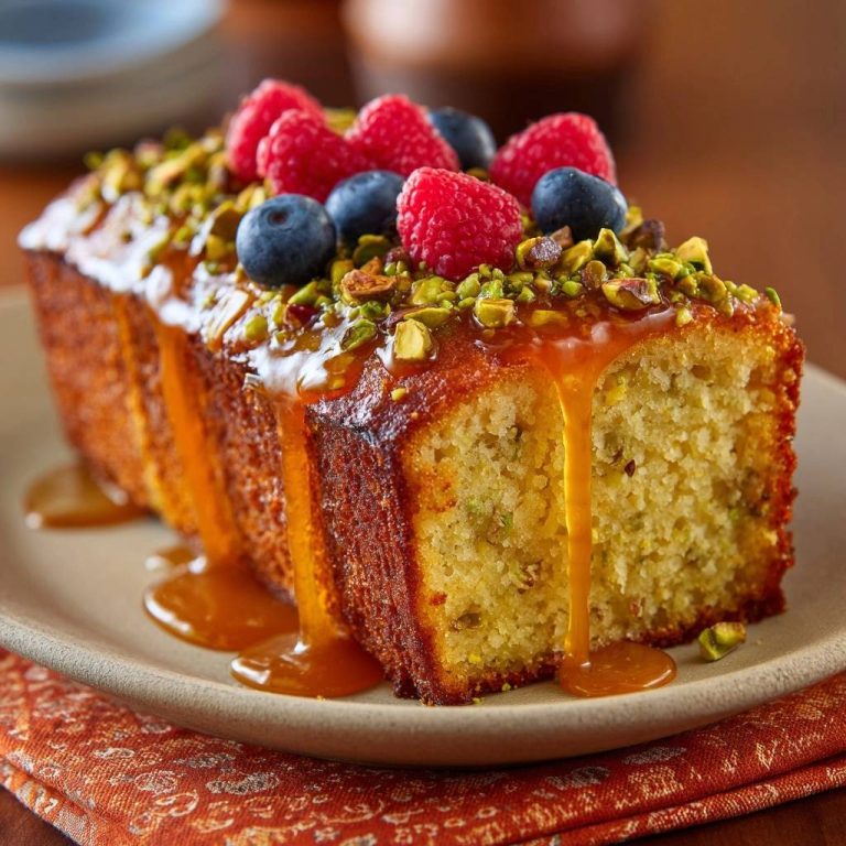 Saftiger Pistaziencake mit Karamell-Honig-Topping in Nahaufnahme: Dekadenter Kuchen mit frischen Beeren, Pistazien und einem goldbraunen Karamellguss.