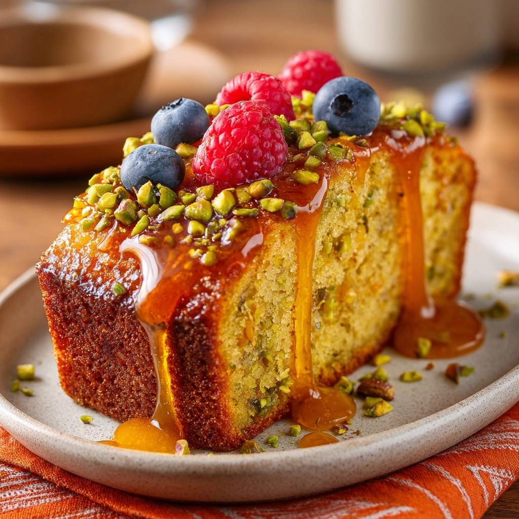 Saftiger Pistaziencake Mit Karamell Honig Topping Serviert 1 Saftiger Pistaziencake mit Karamell-Honig-Topping, serviert auf einem Teller, üppig mit Beeren und Pistazien garniert.
