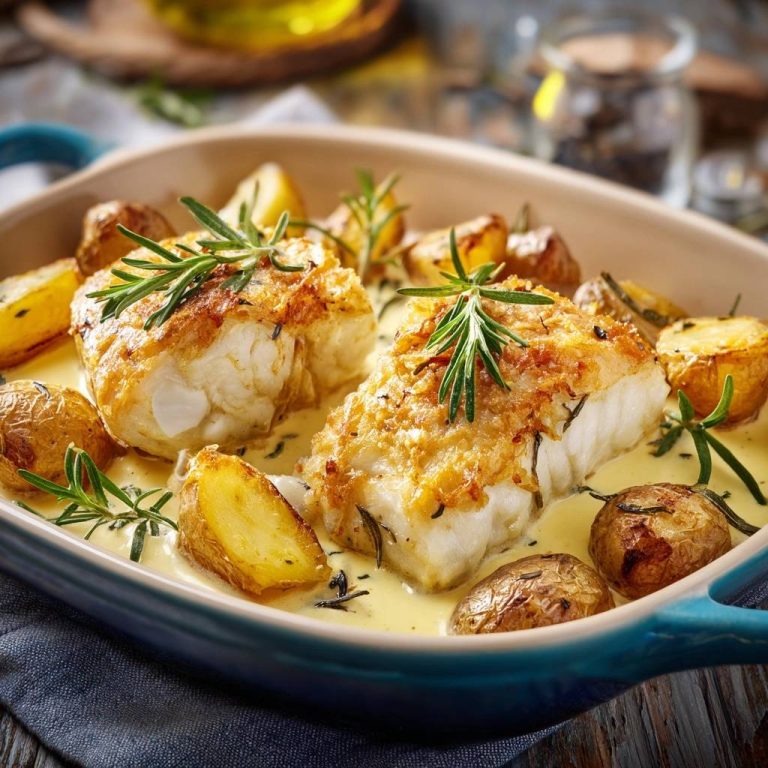 Saftiger Rosmarin-Fisch mit Knusprigkartoffeln, serviert in einer Auflaufform, garniert mit frischem Rosmarin und goldenen Kartoffeln.