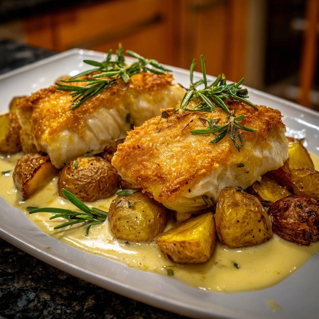 Saftiger Rosmarin-Fisch mit Knusprigkartoffeln, serviert auf einem weißen Teller, garniert mit frischem Rosmarin und einer köstlichen Sauce.