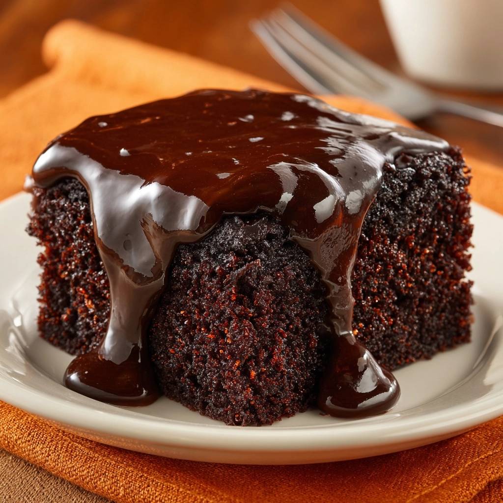 Saftiger Schokoladenkuchen mit glänzender Ganache, serviert auf einem weißen Teller, mit der köstlichen Schokoladensauce, die herunterläuft.