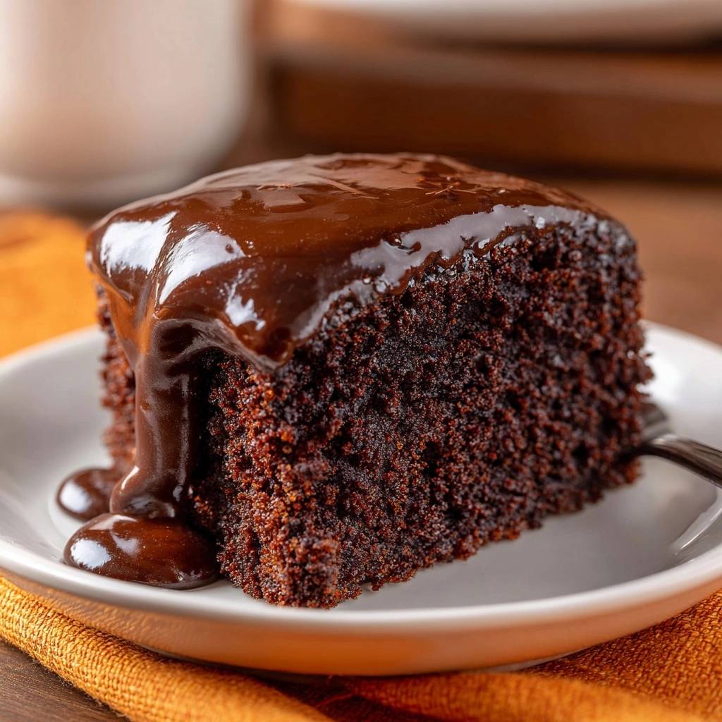 Saftiger Schokoladenkuchen mit glänzender Ganache, serviert auf einem weißen Teller, mit reichlich Schokoladenüberzug. Der Kuchen ist ein wahrer Genuss.