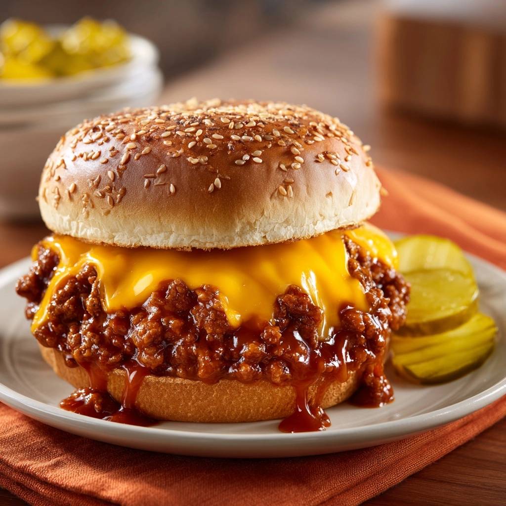 Saftiger Sloppy Joe Burger Serviert 1 Saftiger Sloppy Joe Burger serviert auf einem Teller, mit geschmolzenem Käse und einer saftigen Tomaten-Hackfleisch-Soße. Dazu eingelegte Gurken.