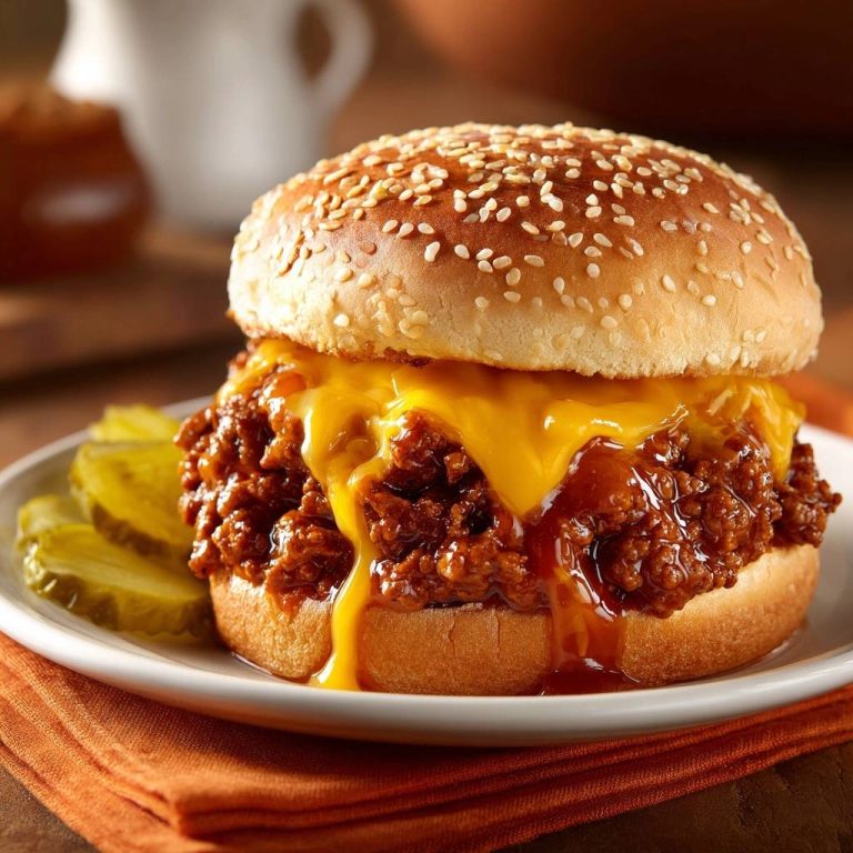 Saftiger Sloppy Joe Burger auf einem Teller serviert, mit geschmolzenem Käse und saftigem Hackfleisch, daneben eingelegte Gurken.