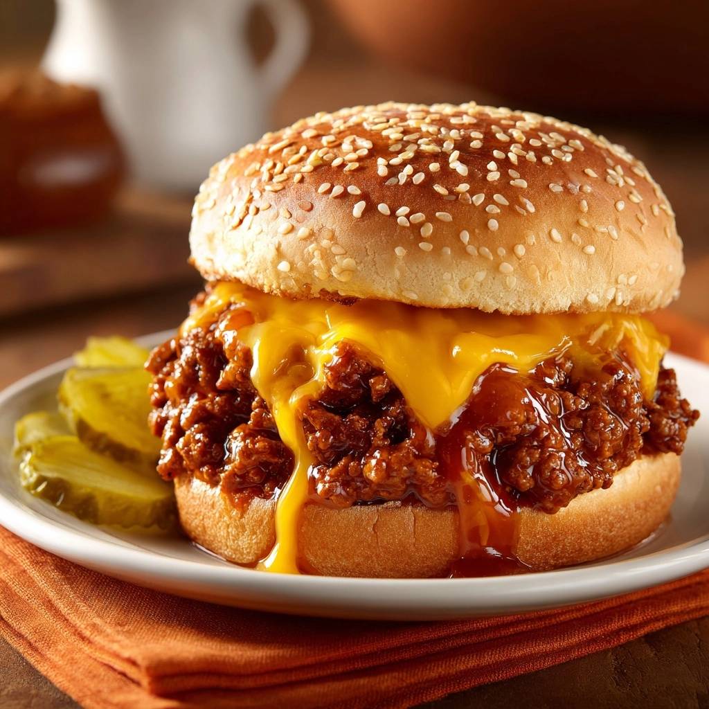 Saftiger Sloppy Joe Burger auf einem Teller serviert, mit geschmolzenem Käse und saftigem Hackfleisch, daneben eingelegte Gurken.