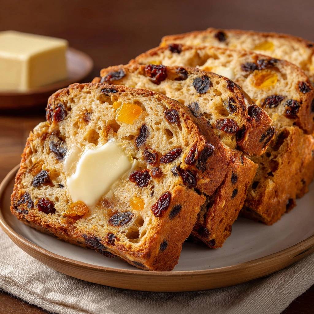 Saftiges Aprikosen-Rosinen-Brot, ein Anschnitt mit Butterflocke, zeigt die Früchteverteilung und die lockere Krume.