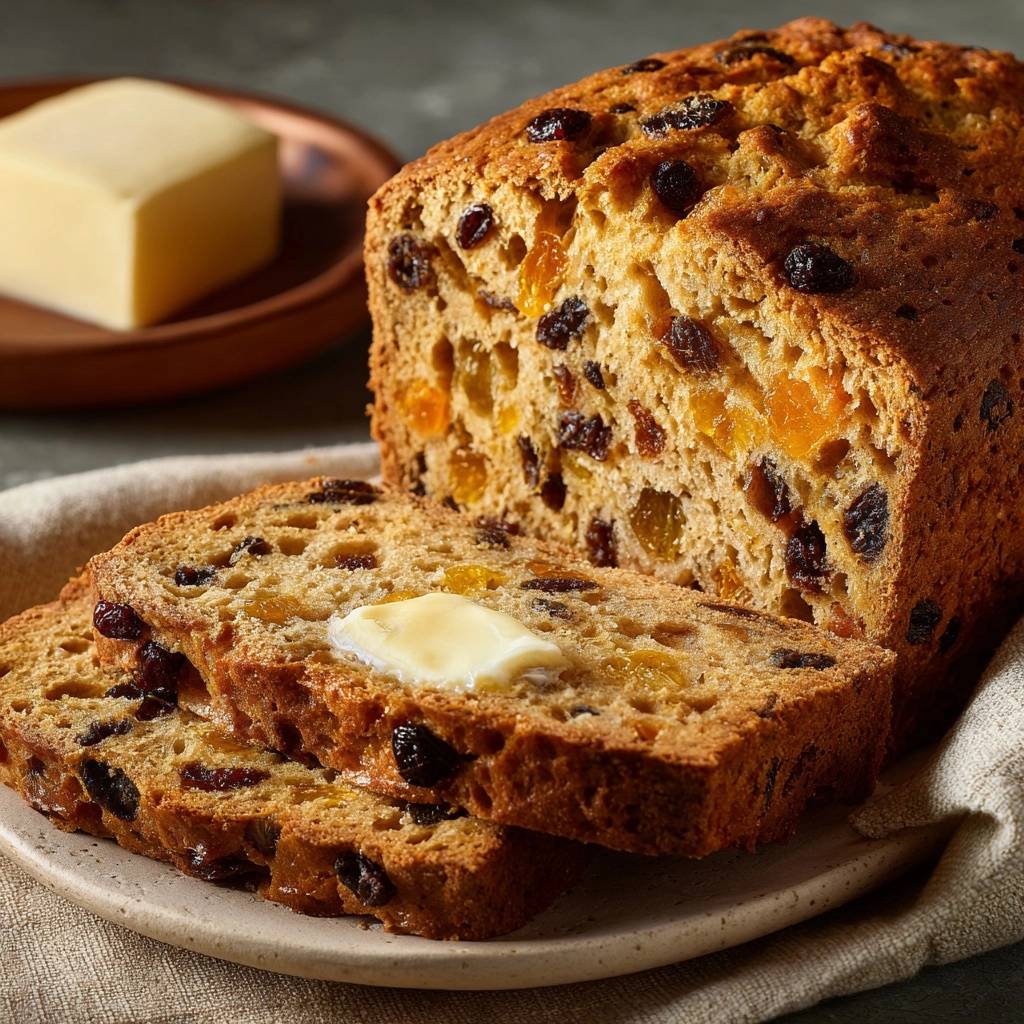 Saftiges Aprikosen Rosinen Brot Querschnitt Mit Butter 1 Saftiges Aprikosen-Rosinen-Brot im Querschnitt, serviert mit einem Stück Butter, das auf einer Scheibe schmilzt. Der fruchtige Kuchen ist frisch gebacken.