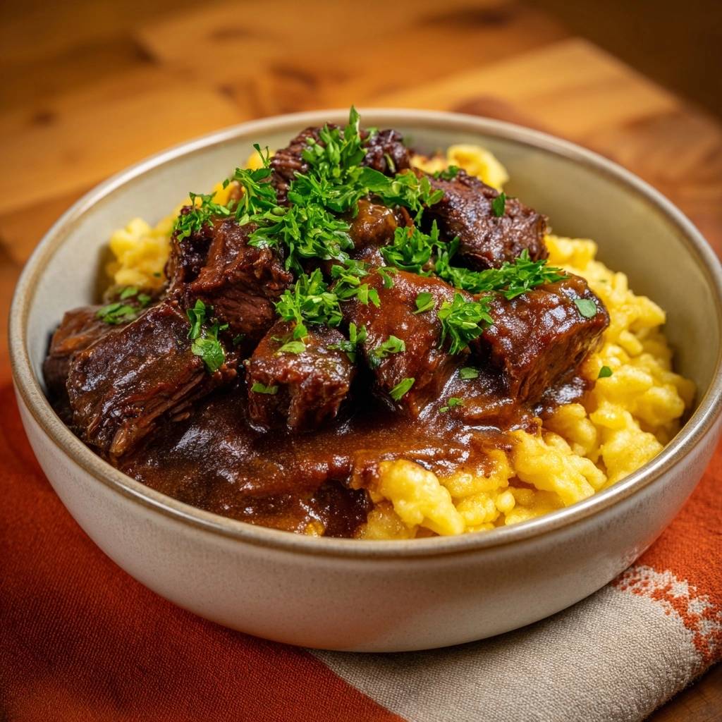 Saftiges Rindergulasch Mit Spaetzle Serviert 1 Saftiges Rindergulasch mit fluffigen Spätzle, serviert in einer rustikalen Schüssel, garniert mit frischer Petersilie.