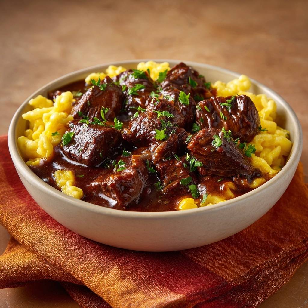 Saftiges Rindergulasch mit fluffigen Spätzle in einer Schüssel serviert, garniert mit frischer Petersilie, bereit zum Genießen.