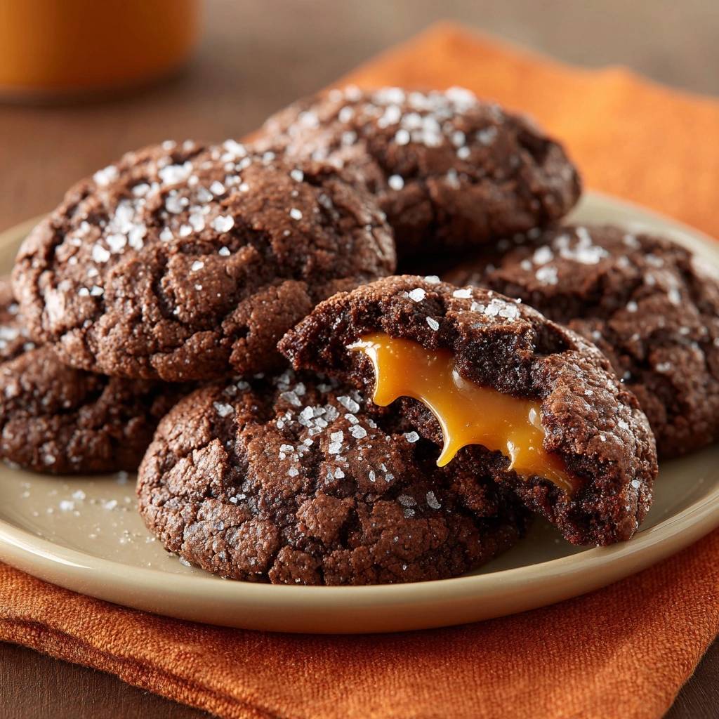 Salzkaramell Gefuellte Schoko Cookies Querschnitt 1 Salzkaramell-gefüllte Schoko-Cookies in Nahaufnahme mit einem Blick auf den geschmolzenen Karamellkern, der aus einem Cookie herausbricht.