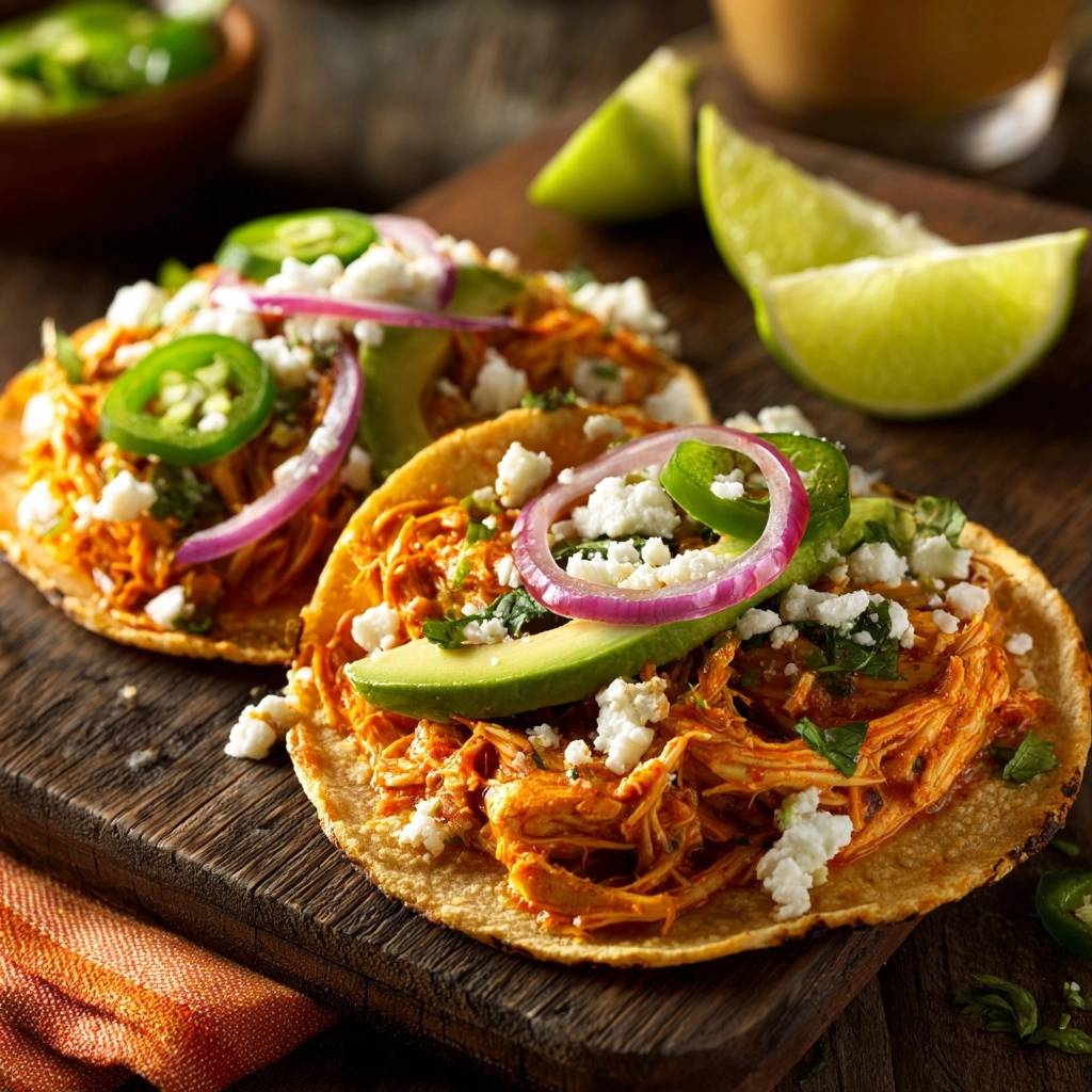Scharfe Pulled Hahnchen Tacos Draufsicht 1 Scharfe Pulled-Hähnchen-Tacos, draufsicht auf zwei knusprige Tostadas mit saftigem Hähnchen, Avocado, Zwiebeln und Jalapeños.
