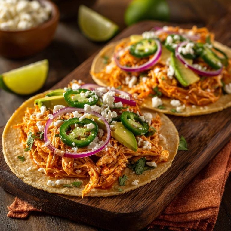 Scharfe Pulled-Hähnchen-Tacos, serviert auf einem rustikalen Holzbrett, garniert mit Avocado, Jalapeños und roter Zwiebel.