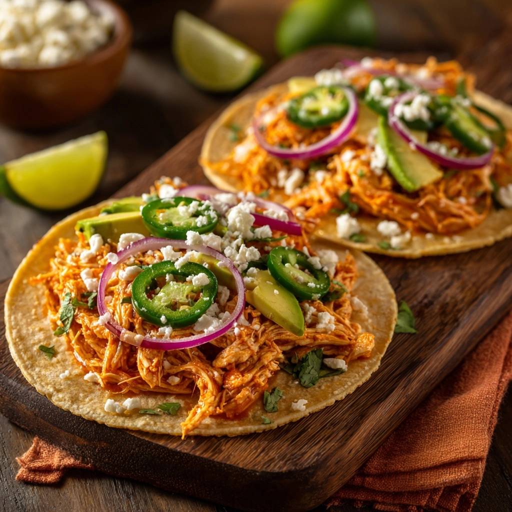 Scharfe Pulled-Hähnchen-Tacos, serviert auf einem rustikalen Holzbrett, garniert mit Avocado, Jalapeños und roter Zwiebel.