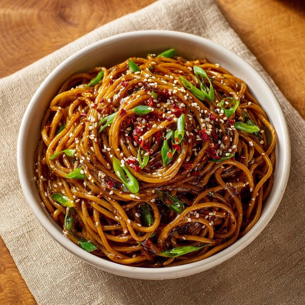 Scharfe Sesam-Chili-Nudeln, serviert in einer Schüssel, mit frischen Frühlingszwiebeln und gerösteten Sesamsamen garniert.