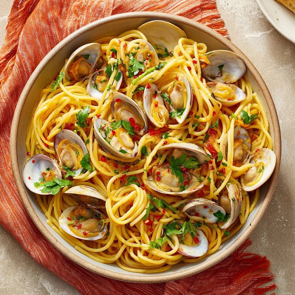 Spaghetti alle Vongole, mit köstlichen Venusmuscheln, frisch serviert in einer rustikalen Schüssel, von oben betrachtet.