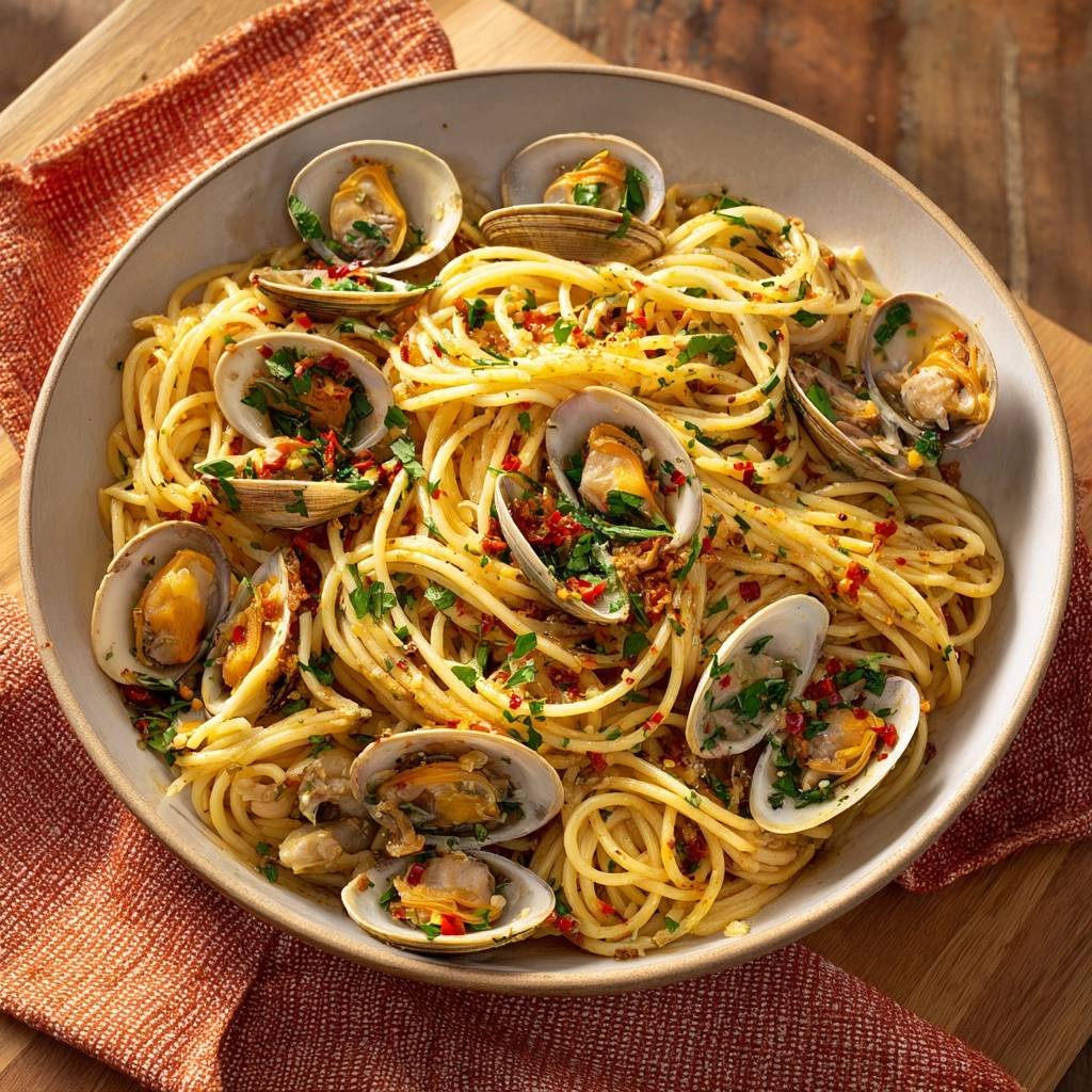 Spaghetti Alle Vongole Draufsicht Serviert 1 Spaghetti alle Vongole, serviert in einer großen Schüssel, garniert mit frischen Kräutern und roten Chiliflocken.