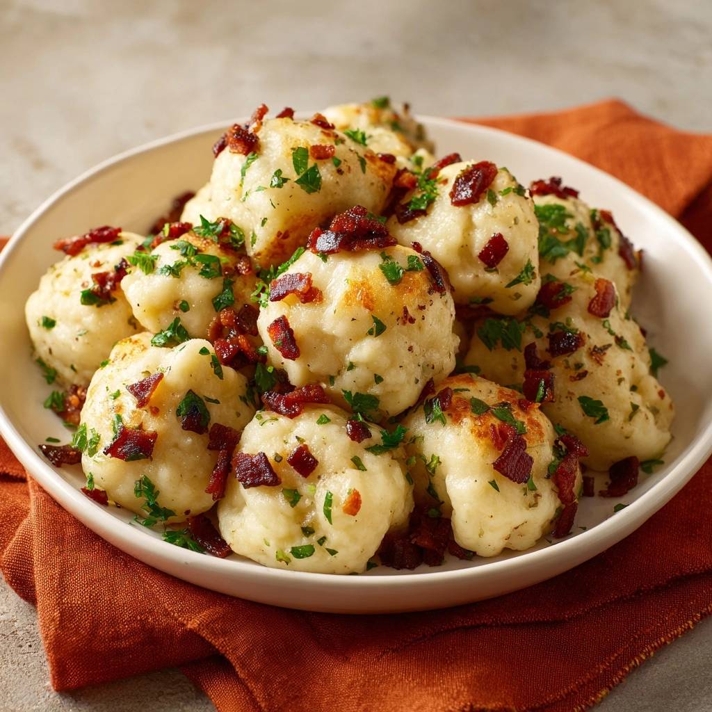 Speck Petersilie Kloesse Serviert 1 Speck-Petersilie-Klöße serviert in einer weißen Schüssel. Die Knödel sind mit Speckwürfeln und gehackter Petersilie garniert.