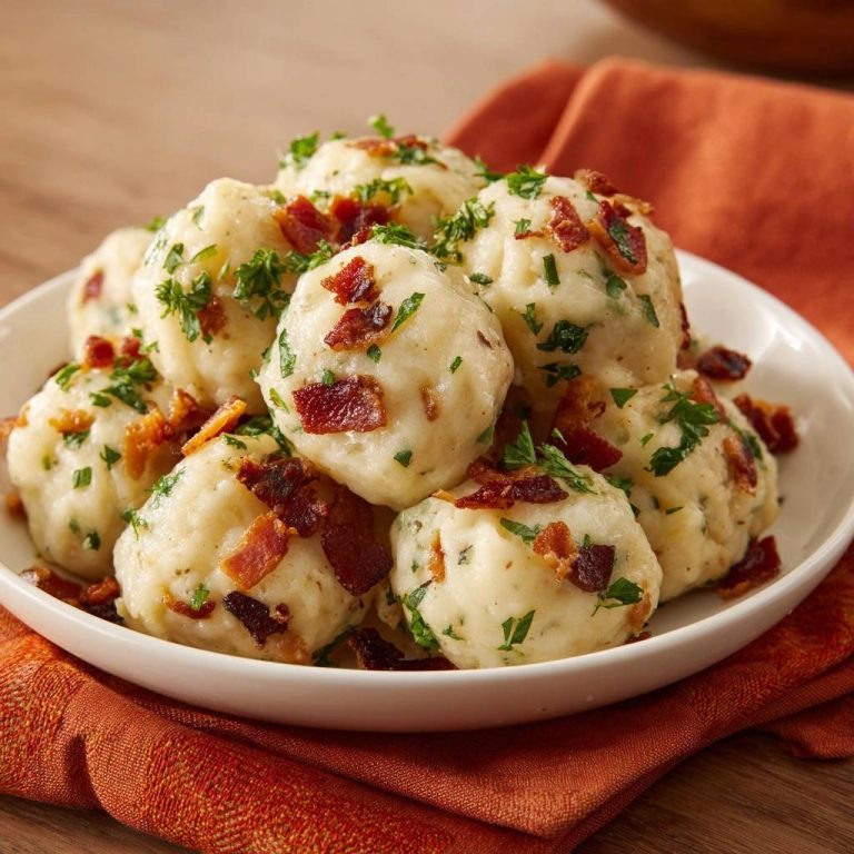 Speck-Petersilie-Klöße serviert in einer weißen Schale, garniert mit knusprigem Speck und frischer Petersilie. Die köstlichen Knödel sind ein herzhaftes Gericht.