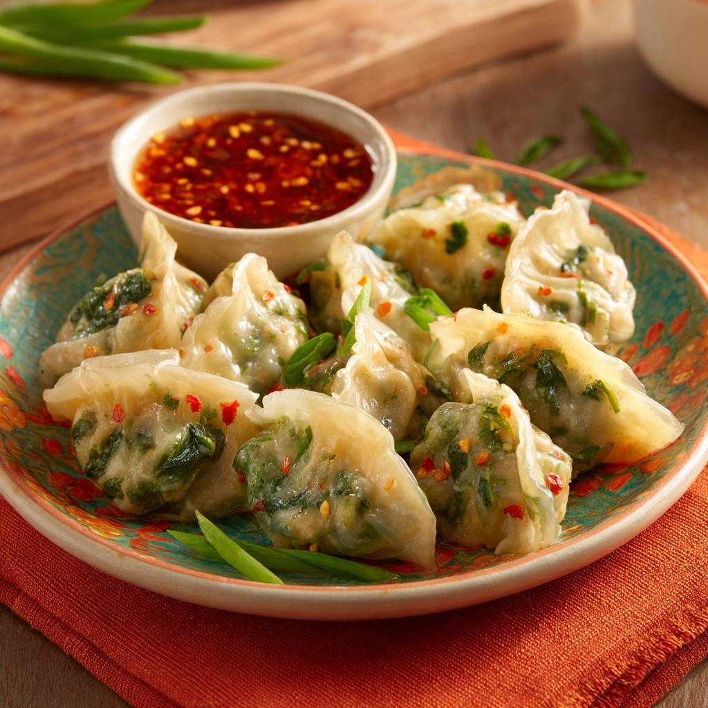 Spinat-Chili-Dumplings serviert auf einem bunten Teller, mit Chili-Dip und frischen Frühlingszwiebeln garniert.