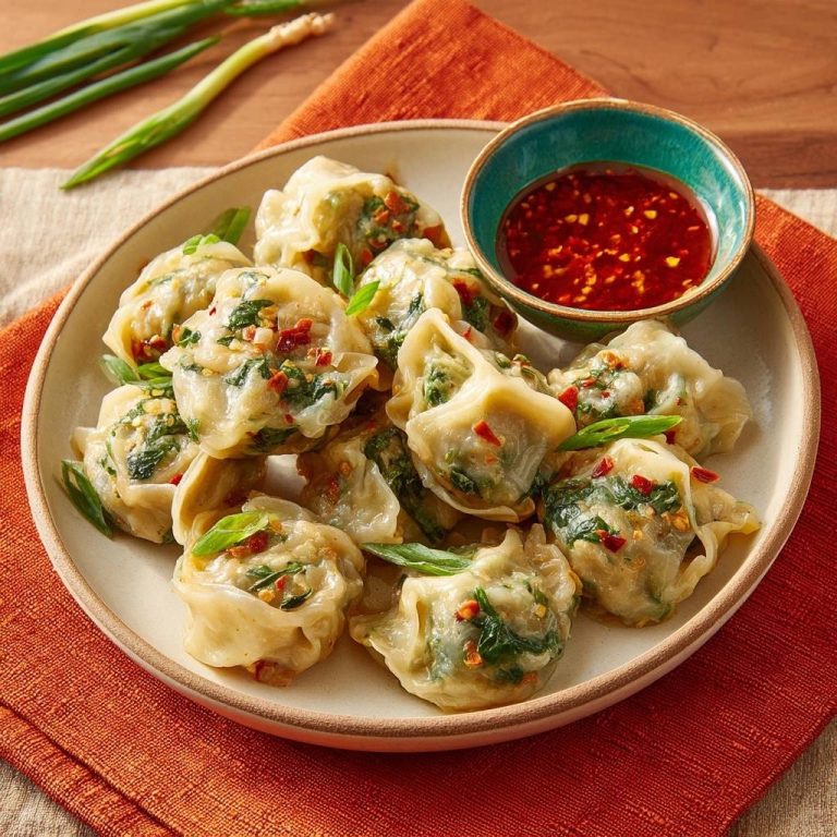 Spinat-Chili-Dumplings serviert auf einem Teller mit scharfer Chili-Soße, garniert mit frischen Frühlingszwiebeln.