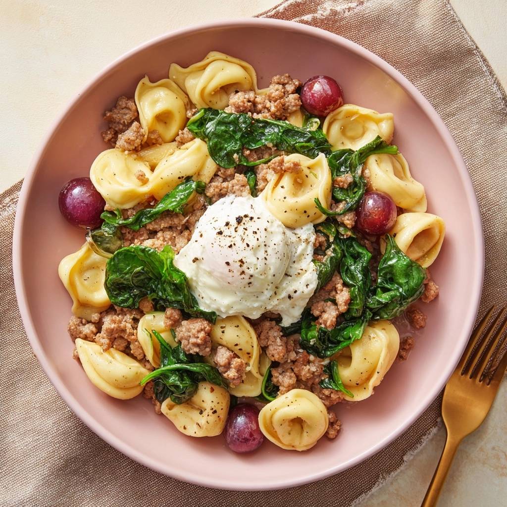 Spinat Hack Tortellini Mit Trauben Draufsicht Serviert 1 Spinat-Hack-Tortellini mit Trauben serviert in einer rosa Schüssel, ein köstliches Gericht mit frischem Spinat und einem pochierten Ei.