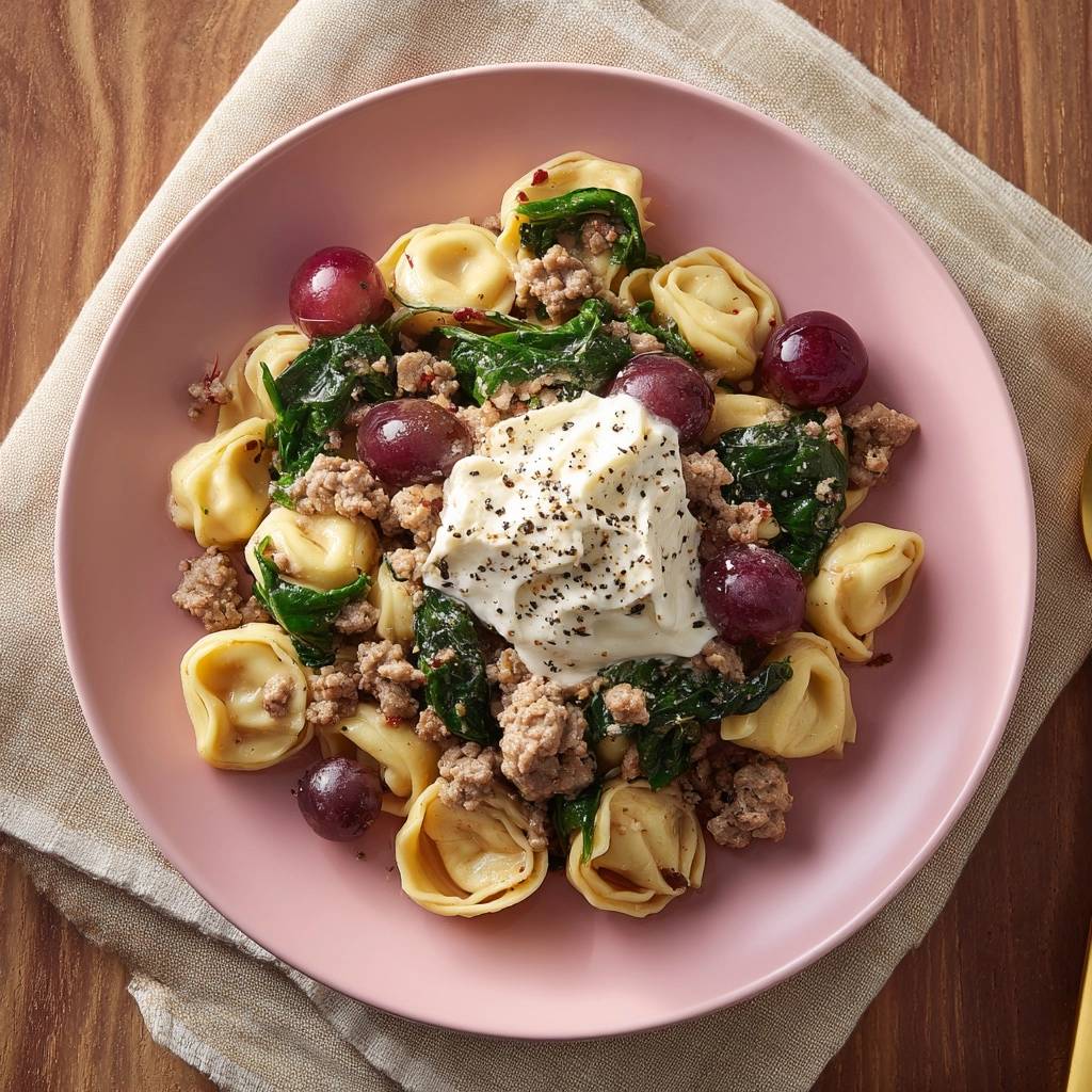 Spinat-Hack-Tortellini mit Trauben in einer rosa Schüssel, serviert mit einer grosszügigen Portion Crème fraîche von oben gesehen.