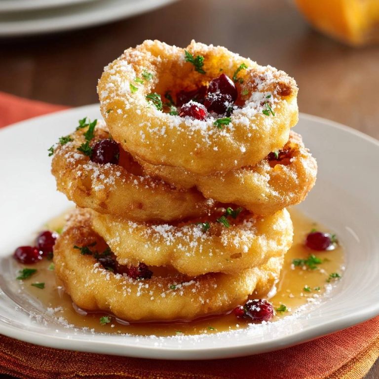 Süße Cranberry-Zwiebelringe, gestapelt auf einem Teller serviert, mit Puderzucker bestäubt und mit Cranberries garniert.