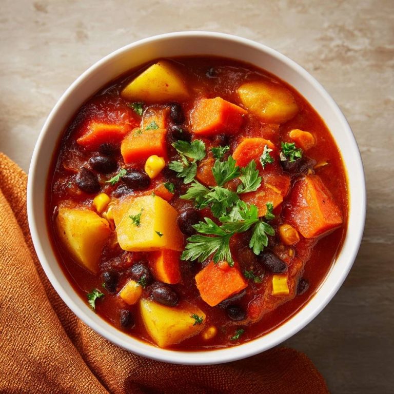 Süßkartoffel-Bohnen-Chili in einer weißen Schüssel, serviert und aus der Vogelperspektive fotografiert, mit frischer Petersilie garniert.