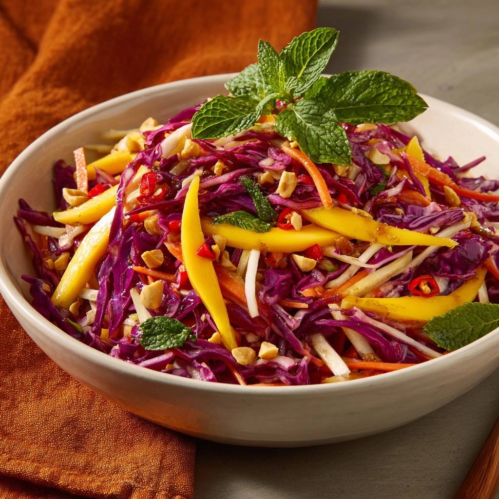Thailändischer Mango-Rotkohl-Salat, garniert mit frischer Minze und Erdnüssen, in einer weißen Schüssel serviert. Die knackigen Zutaten sind gut sichtbar.