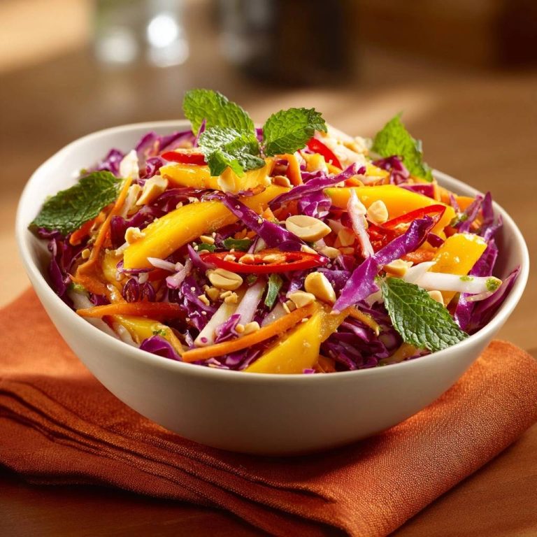 Thailändischer Mango-Rotkohlsalat, garniert mit frischer Minze und Erdnüssen, in einer weißen Schüssel serviert. Der Salat ist eine farbenfrohe Mischung aus Zutaten.
