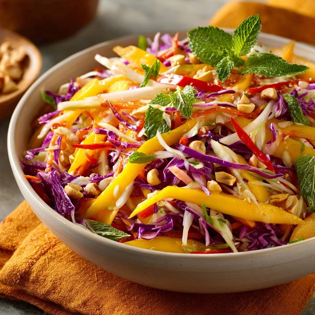 Thailaendischer Mango Rotkohlsalat Nahaufnahme Serviert 1 Thailändischer Mango-Rotkohlsalat, serviert in einer Schüssel, mit frischer Minze und Erdnüssen garniert. Eine Nahaufnahme zeigt die frischen Zutaten.