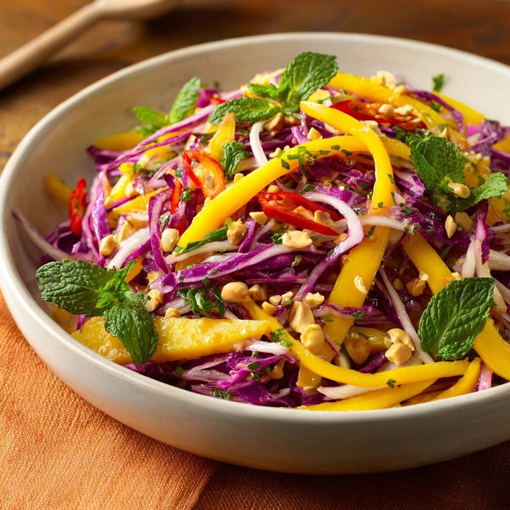 Thailändischer Mango-Rotkohl-Salat, serviert in einer Schüssel, garniert mit frischer Minze, Erdnüssen und Chili, in Nahaufnahme von oben.