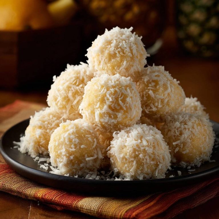 Tropische Ananas-Kokos-Bällchen, serviert auf einem schwarzen Teller, mit Kokosraspeln umhüllt und in einer Pyramide gestapelt.