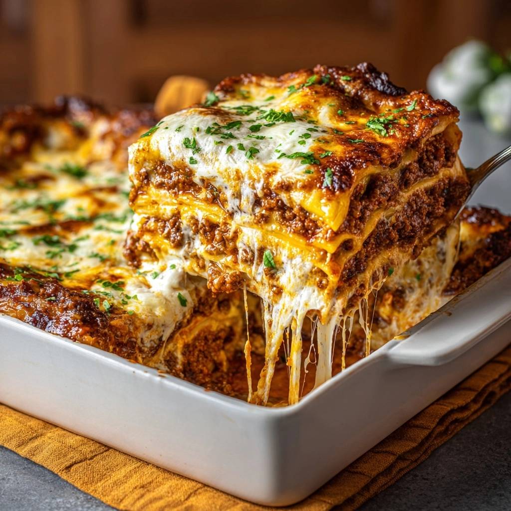 Ultimative Hackfleisch-Lasagne: Ein Nahaufnahme-Querschnitt zeigt die geschichteten Nudeln, das Hackfleisch und den geschmolzenen Käse. Das Gericht wird aus der Auflaufform gehoben.