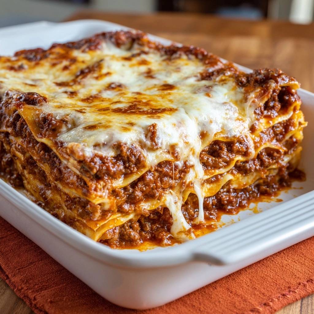 Ultimative Hackfleisch-Lasagne im Anschnitt, die saftigen Schichten und geschmolzenen Käse in Nahaufnahme zeigend. Ein köstliches Essen.