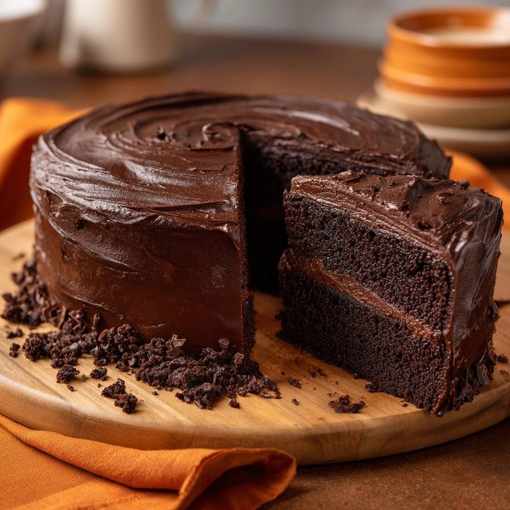 Ultimativer Schokoladenkuchen Querschnitt Anschnitt 1 Ultimativer Schokoladenkuchen mit Anschnitt, der die saftige, dunkle Schokoladenkuchen Textur und die Schokoladencreme-Füllung zeigt.