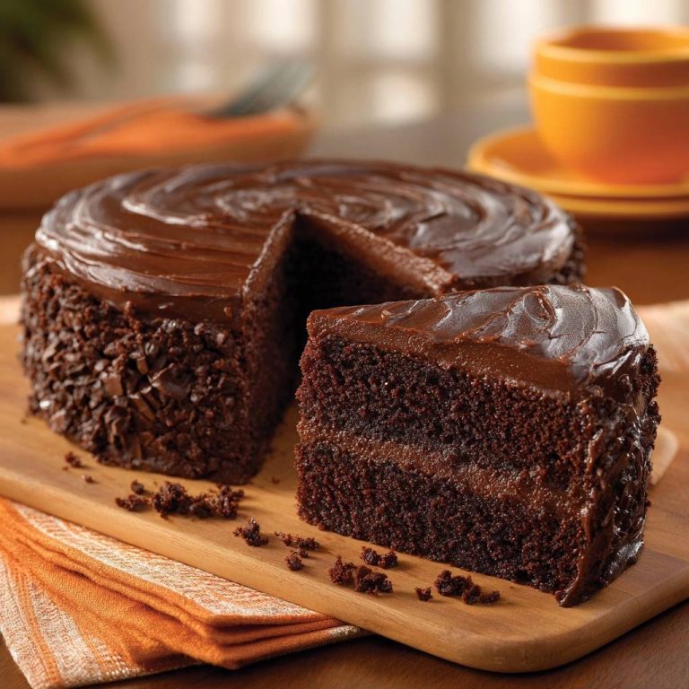 Ultimativer Schokoladenkuchen mit einem saftigen Querschnitt, der die Schichten und die cremige Füllung zeigt, serviert auf einem Holzbrett.