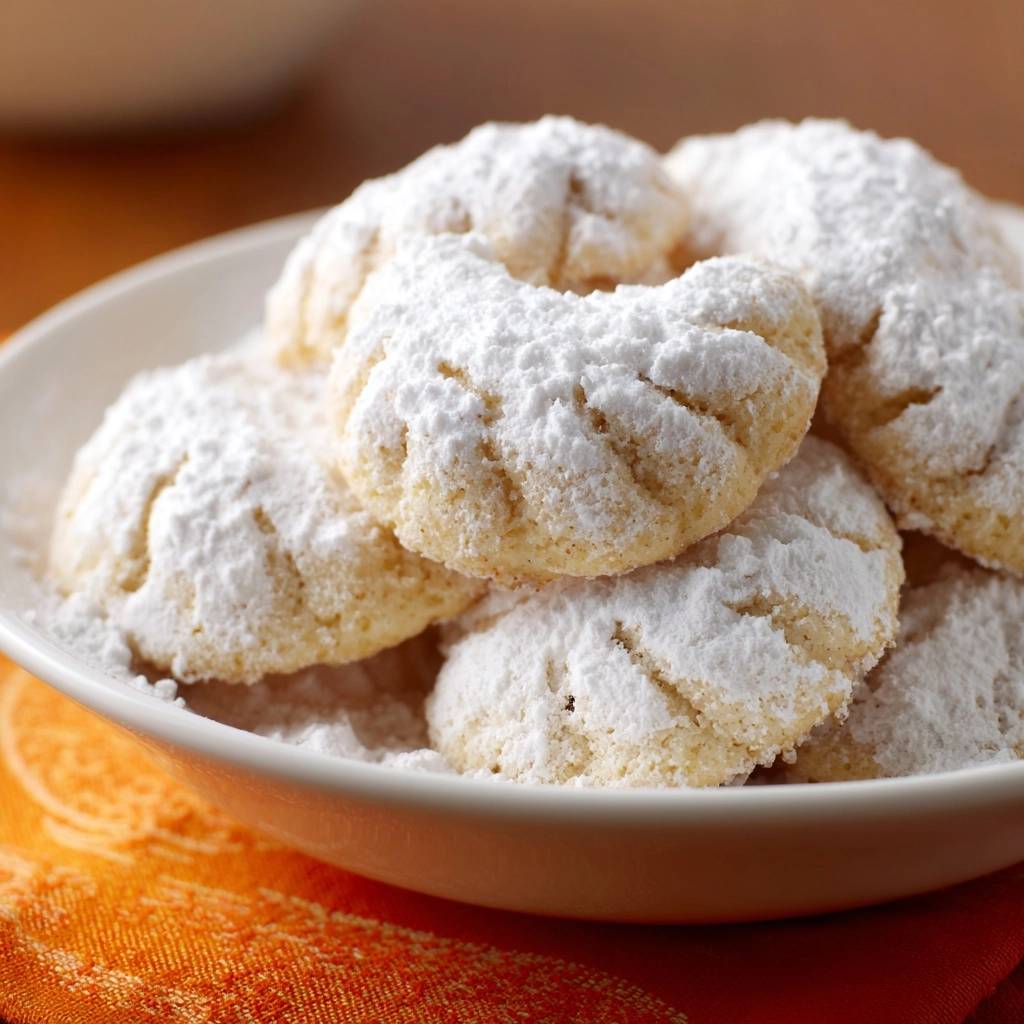 Vanillekipferl in einer Nahaufnahme, bedeckt mit viel Puderzucker in einer weißen Schüssel serviert. Die köstlichen Kekse sind perfekt für die Weihnachtszeit.
